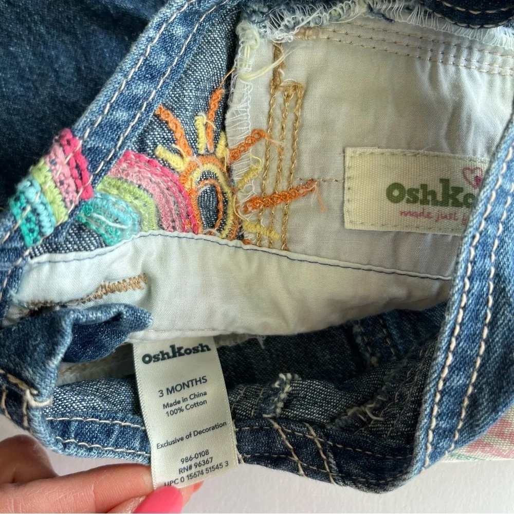 OshKosh B’Gosh Denim Overalls Dress Embroidered Rainbow Mushroom